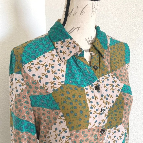 Natural Life Twiggy Green Floral mini Shirt dress S Boho long sleeve Patchwork - Picture 11 of 16